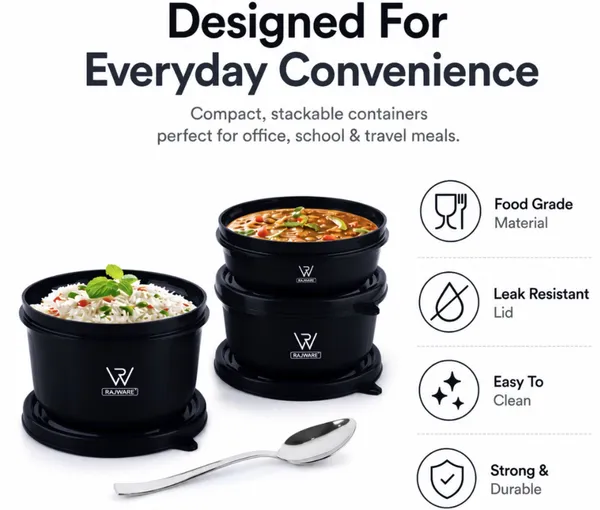 rajware_ECO_LUNCHER_Stainless_Steel_Lunch_Box_Set_with_3_Containers_&_500ml_Bottle-Black_2_Containers_Stainless_Steel_Office_Lunch_Box_(500_ml,_Microwave_Safe)_-_Set_Of_(4)