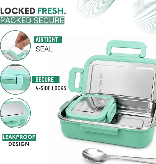 rajware_ROCK_MEAL_Lock_&_Lunch_Box_with_Glass_Lid_(800ml_+_200ml)_Green_1_Containers_Stainless_Steel_School_Lunch_Box_(800_ml)