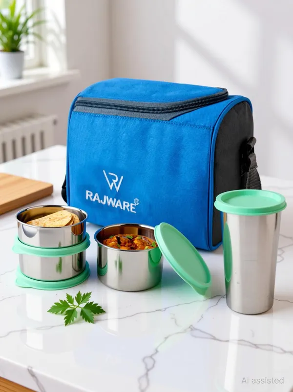rajware_MEAL_MATE_Leakproof_Lunch_Box_with_3_Containers_&_500ml_Lid_Tumbler_–_Blue_Color_3_Containers_Stainless_Steel_Office_Lunch_Box_(500_ml,_Microwave_Safe)_-_Set_Of_(4)