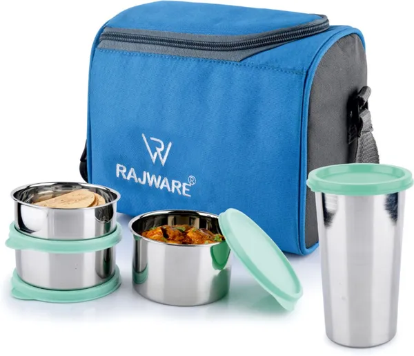 rajware_MEAL_MATE_Leakproof_Lunch_Box_with_3_Containers_&_500ml_Lid_Tumbler_–_Blue_Color_3_Containers_Stainless_Steel_Office_Lunch_Box_(500_ml,_Microwave_Safe)_-_Set_Of_(4)