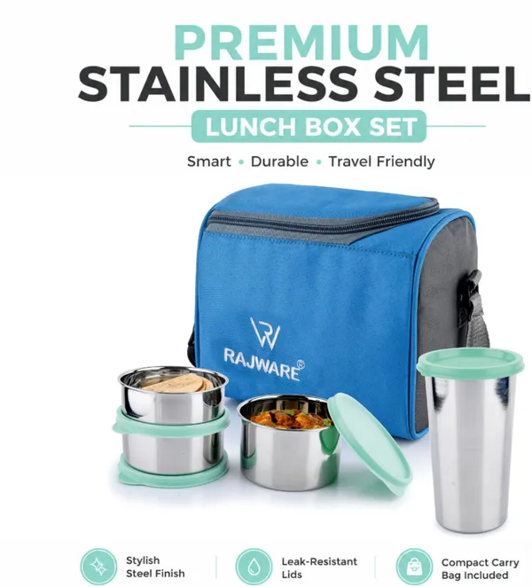 rajware_MEAL_MATE_Leakproof_Lunch_Box_with_3_Containers_&_500ml_Lid_Tumbler_–_Blue_Color_3_Containers_Stainless_Steel_Office_Lunch_Box_(500_ml,_Microwave_Safe)_-_Set_Of_(4)