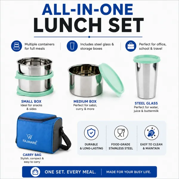 rajware_MEAL_MATE_Leakproof_Lunch_Box_with_3_Containers_&_500ml_Lid_Tumbler_–_Blue_Color_3_Containers_Stainless_Steel_Office_Lunch_Box_(500_ml,_Microwave_Safe)_-_Set_Of_(4)