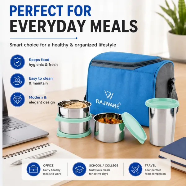 rajware_MEAL_MATE_Leakproof_Lunch_Box_with_3_Containers_&_500ml_Lid_Tumbler_–_Blue_Color_3_Containers_Stainless_Steel_Office_Lunch_Box_(500_ml,_Microwave_Safe)_-_Set_Of_(4)