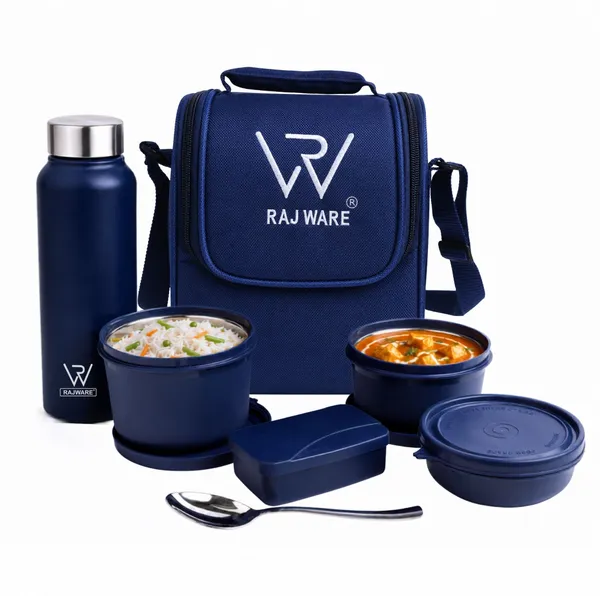 rajware_MEAL_MASTER_Leakproof_Lunch_Box_Set_with_750_ml_Water_Bottle_&_Spoon_–_Blue_4_Containers_Stainless_Steel_Office_Lunch_Box_(500_ml,_Microwave_Safe)_-_Set_Of_(6)