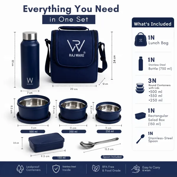 rajware_MEAL_MASTER_Leakproof_Lunch_Box_Set_with_750_ml_Water_Bottle_&_Spoon_–_Blue_4_Containers_Stainless_Steel_Office_Lunch_Box_(500_ml,_Microwave_Safe)_-_Set_Of_(6)