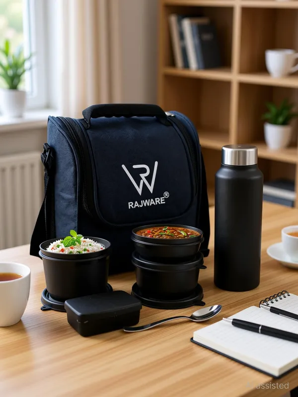 rajware_MEAL_MASTER_Leakproof_Lunch_Box_Set_with_750_ml_Water_Bottle_&_Spoon_–_Black_4_Containers_Stainless_Steel_Office_Lunch_Box_(500_ml,_Microwave_Safe)_-_Set_Of_(5)