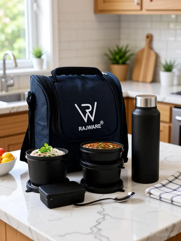rajware_MEAL_MASTER_Leakproof_Lunch_Box_Set_with_750_ml_Water_Bottle_&_Spoon_–_Black_4_Containers_Stainless_Steel_Office_Lunch_Box_(500_ml,_Microwave_Safe)_-_Set_Of_(5)