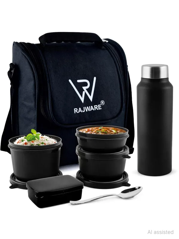 rajware_MEAL_MASTER_Leakproof_Lunch_Box_Set_with_750_ml_Water_Bottle_&_Spoon_–_Black_4_Containers_Stainless_Steel_Office_Lunch_Box_(500_ml,_Microwave_Safe)_-_Set_Of_(5)