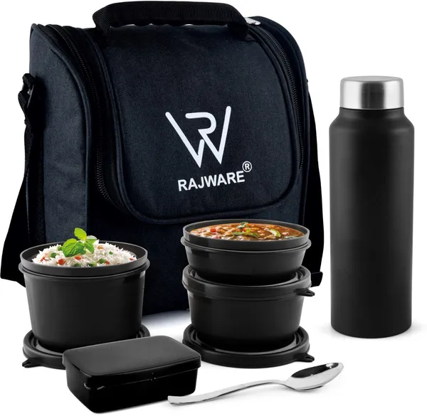 rajware_MEAL_MASTER_Leakproof_Lunch_Box_Set_with_750_ml_Water_Bottle_&_Spoon_–_Black_4_Containers_Stainless_Steel_Office_Lunch_Box_(500_ml,_Microwave_Safe)_-_Set_Of_(5)