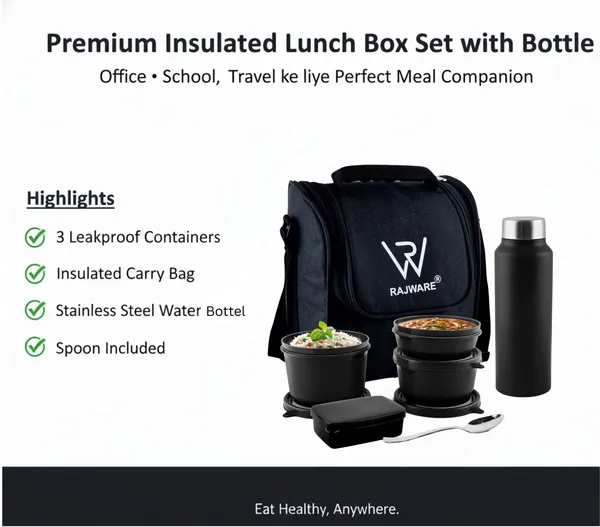 rajware_MEAL_MASTER_Leakproof_Lunch_Box_Set_with_750_ml_Water_Bottle_&_Spoon_–_Black_4_Containers_Stainless_Steel_Office_Lunch_Box_(500_ml,_Microwave_Safe)_-_Set_Of_(5)