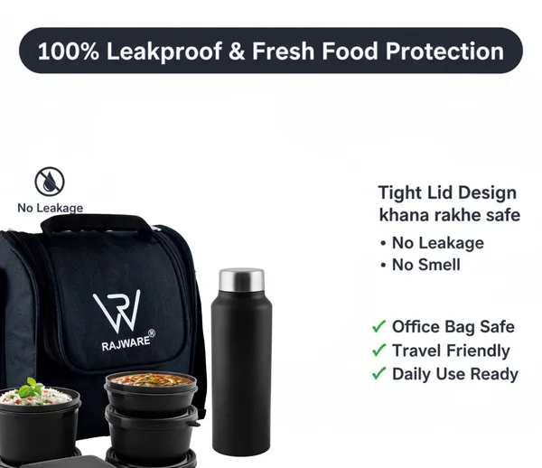 rajware_MEAL_MASTER_Leakproof_Lunch_Box_Set_with_750_ml_Water_Bottle_&_Spoon_–_Black_4_Containers_Stainless_Steel_Office_Lunch_Box_(500_ml,_Microwave_Safe)_-_Set_Of_(5)