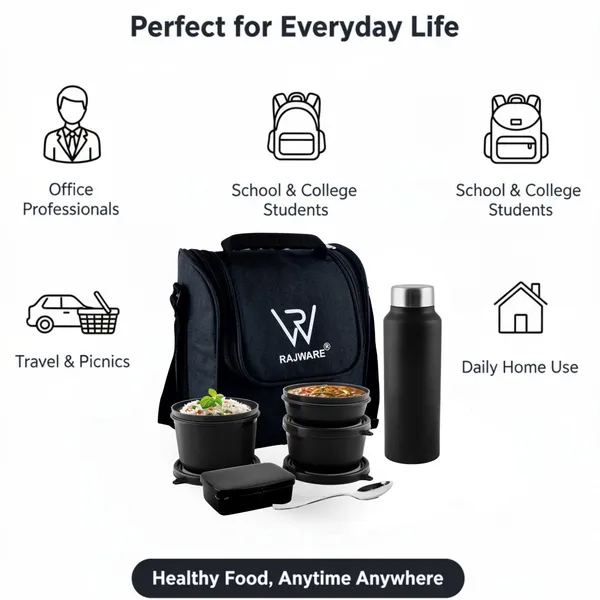 rajware_MEAL_MASTER_Leakproof_Lunch_Box_Set_with_750_ml_Water_Bottle_&_Spoon_–_Black_4_Containers_Stainless_Steel_Office_Lunch_Box_(500_ml,_Microwave_Safe)_-_Set_Of_(5)