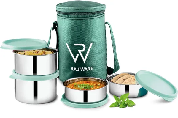rajware_GALAXY_Leakproof_Containers_(225ml_/350ml_/350ml_/500ml)_Round_Shape_–_Green_4_Containers_Stainless_Steel_Office_Lunch_Box_(500_ml,_Microwave_Safe)_-_Set_Of_(4)