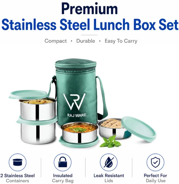 rajware_GALAXY_Leakproof_Containers_(225ml_/350ml_/350ml_/500ml)_Round_Shape_–_Green_4_Containers_Stainless_Steel_Office_Lunch_Box_(500_ml,_Microwave_Safe)_-_Set_Of_(4)
