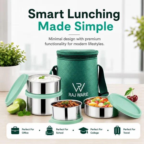 rajware_GALAXY_Leakproof_Containers_(225ml_/350ml_/350ml_/500ml)_Round_Shape_–_Green_4_Containers_Stainless_Steel_Office_Lunch_Box_(500_ml,_Microwave_Safe)_-_Set_Of_(4)