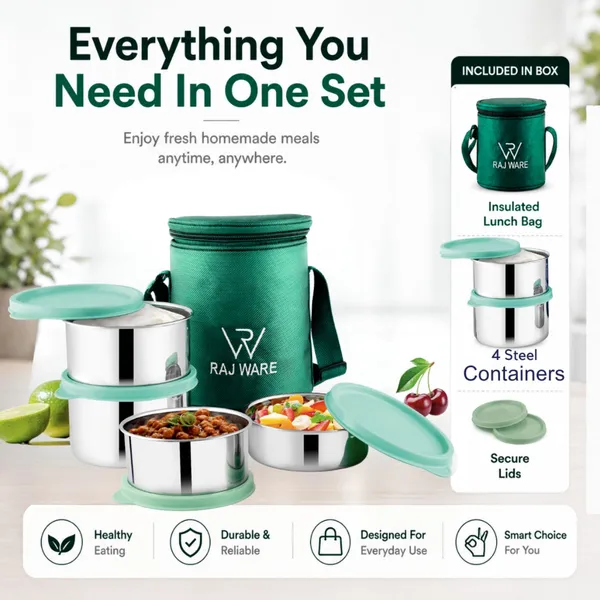 rajware_GALAXY_Leakproof_Containers_(225ml_/350ml_/350ml_/500ml)_Round_Shape_–_Green_4_Containers_Stainless_Steel_Office_Lunch_Box_(500_ml,_Microwave_Safe)_-_Set_Of_(4)