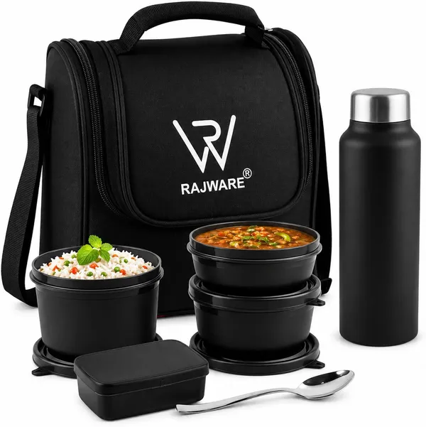 rajware_MEAL_MASTER_Leakproof_Lunch_Box_Set_with_750_ml_Water_Bottle_&_Spoon_–_Black_4_Containers_Stainless_Steel_Office_Lunch_Box_(1949_ml,_Microwave_Safe)_-_Set_Of_(7)