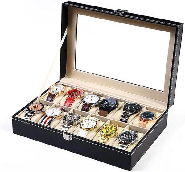 Faux_Leather_Wood_Watch_Organiser_Box_With_Glass_Lid