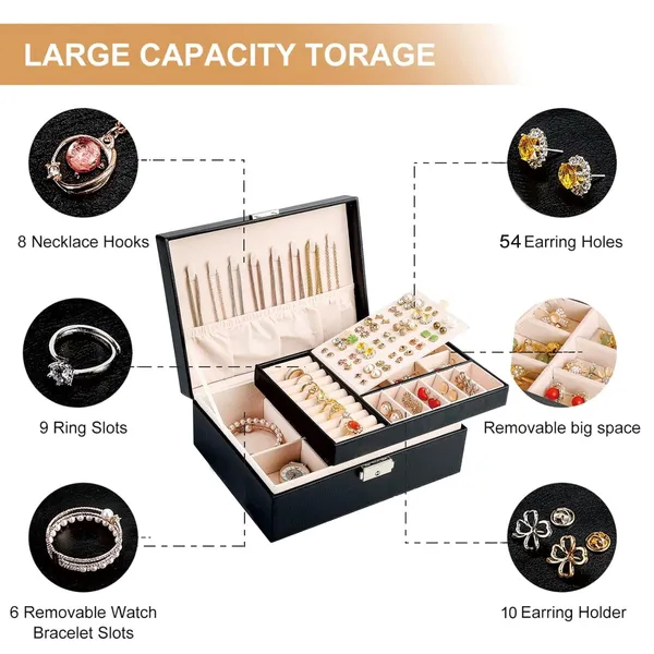 Faux_Leather_2-Layer_Multi-Compartment_Jewellery_Organiser_Box_Black