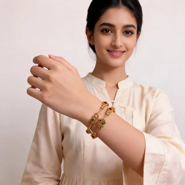 Gold_Plated_Metal_Red_Green_Stone_Designer_Bangles_For_Women