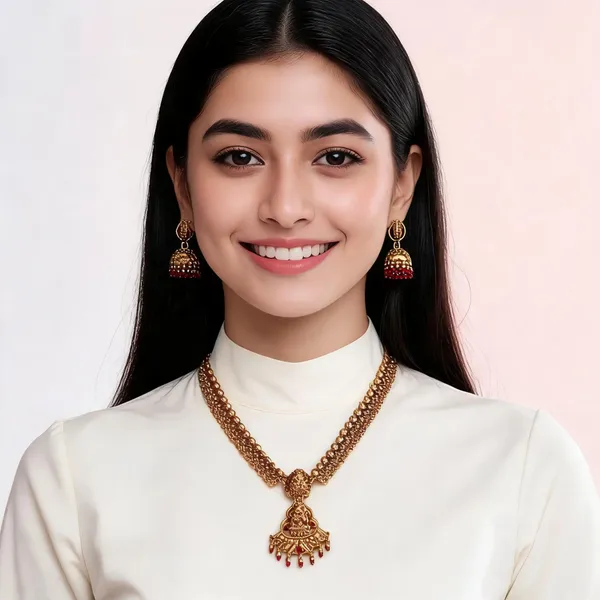 Gold_Plated_Alloy_Matte_Finish_Jhumka_Necklace_Set_For_Women