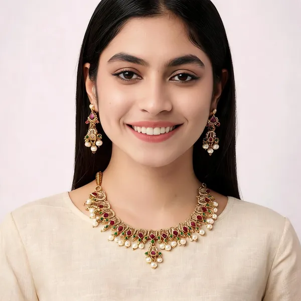 Multicolour_Stone_Pearl_Gold_Plated_Jhumka_Necklace_Set_For_Women
