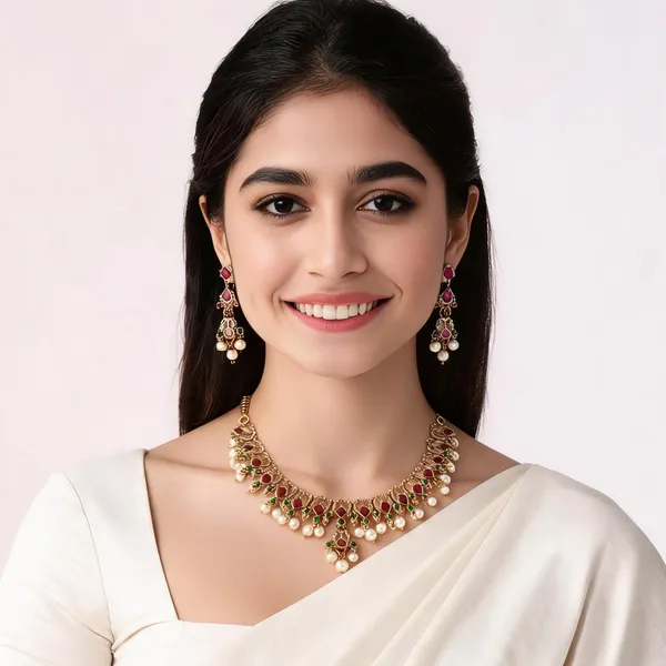 Multicolour_Stone_Pearl_Gold_Plated_Jhumka_Necklace_Set_For_Women