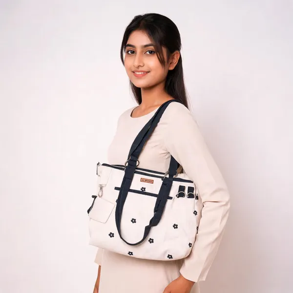 White_Canvas_Multi_Compartment_Handbag_For_Women