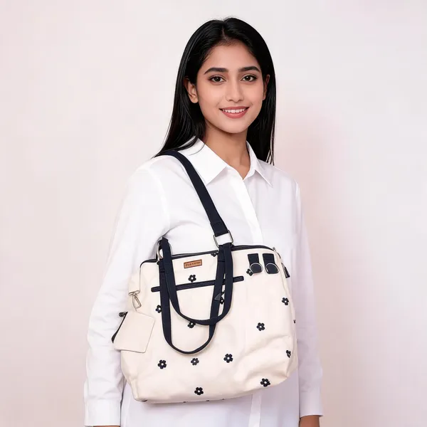 White_Canvas_Multi_Compartment_Handbag_For_Women