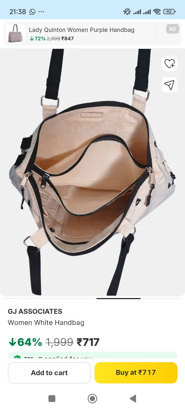 White_Canvas_Multi_Compartment_Handbag_For_Women