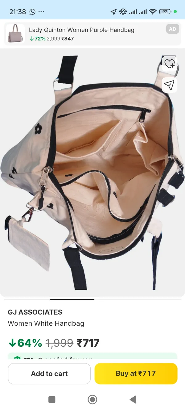 White_Canvas_Multi_Compartment_Handbag_For_Women