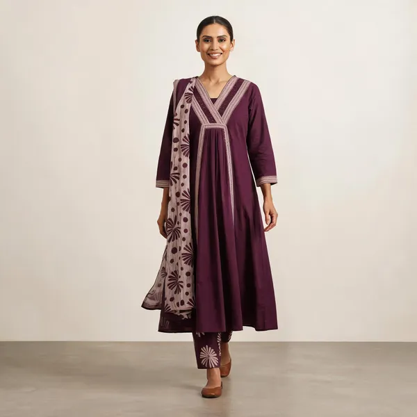 Magenta_Cotton_Printed_V_Neck_Kurti_Palazzo_Dupatta_Set_For_Women