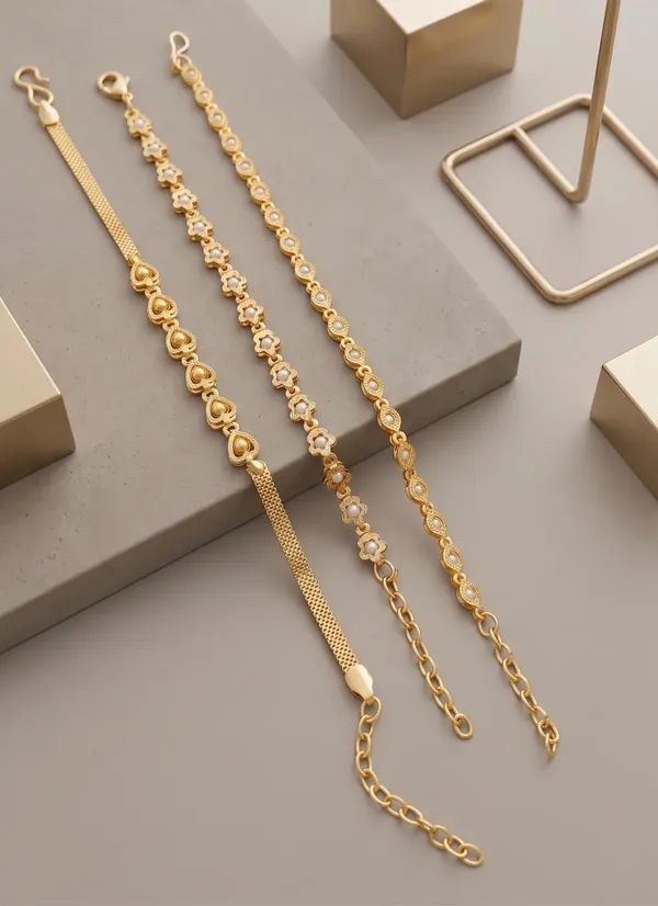 Gold_Brass_Floral_Link_Chain_Bracelet_Set_For_Women