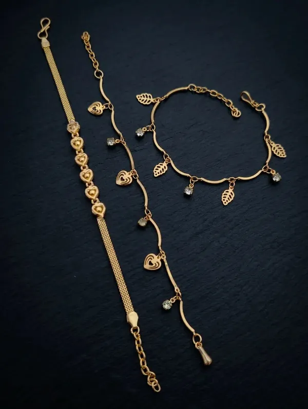 Gold_Brass_Alloy_Heart_Leaf_Charm_Bracelet_Set_For_Women