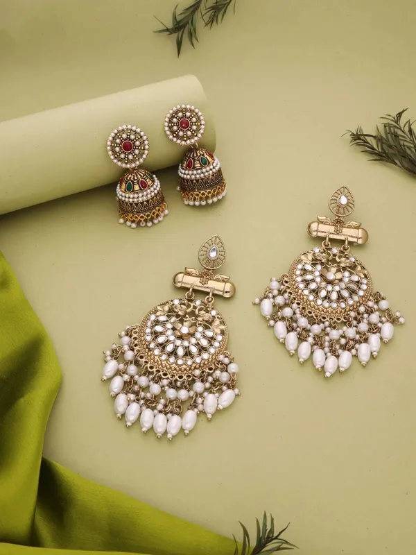 Gold_Brass_Pearl_Detail_Jhumka_Chandelier_Earrings_Set_For_Women