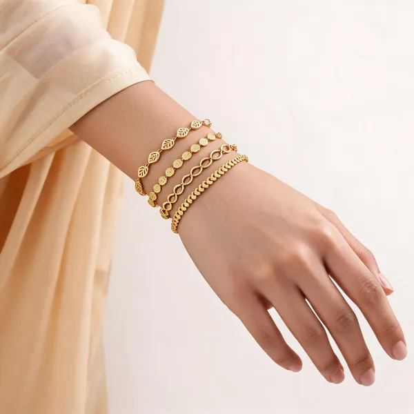 Gold_Brass_Leaf_Heart_Link_Bracelet_Set_For_Women