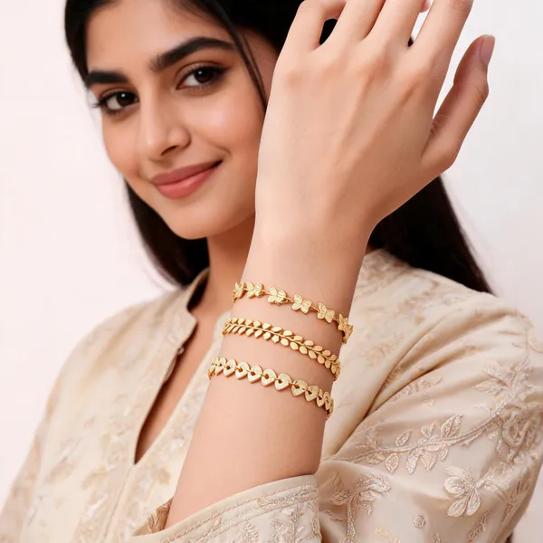 Gold_Brass_Leaf_Chevron_Floral_Charm_Bracelet_Set_For_Women
