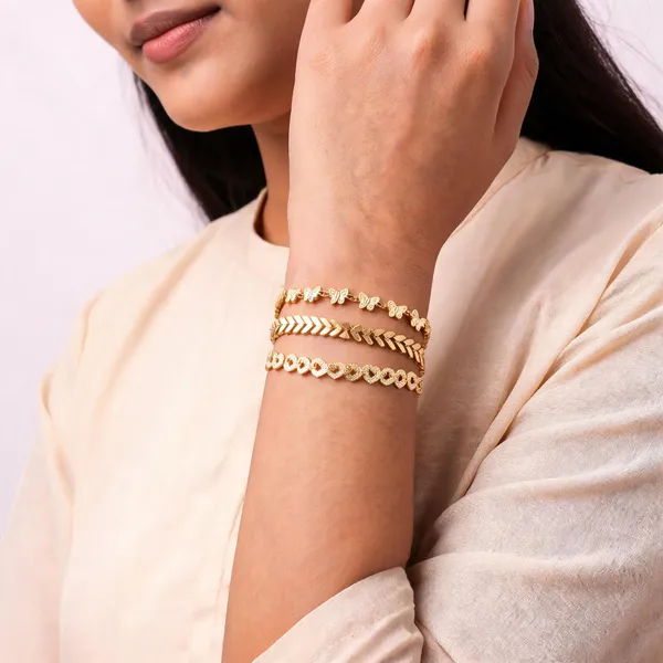 Gold_Brass_Leaf_Chevron_Floral_Charm_Bracelet_Set_For_Women