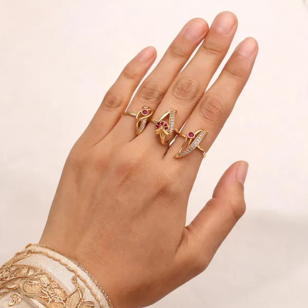 Gold_Brass_Red_Stone_Leaf_Statement_Ring_Set_For_Women