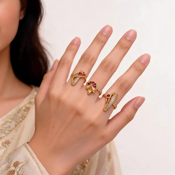 Gold_Brass_Red_Stone_Leaf_Statement_Ring_Set_For_Women