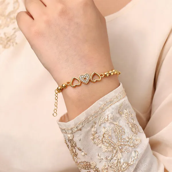 Gold_Brass_Triple_Heart_Charm_Chain_Bracelet_For_Women