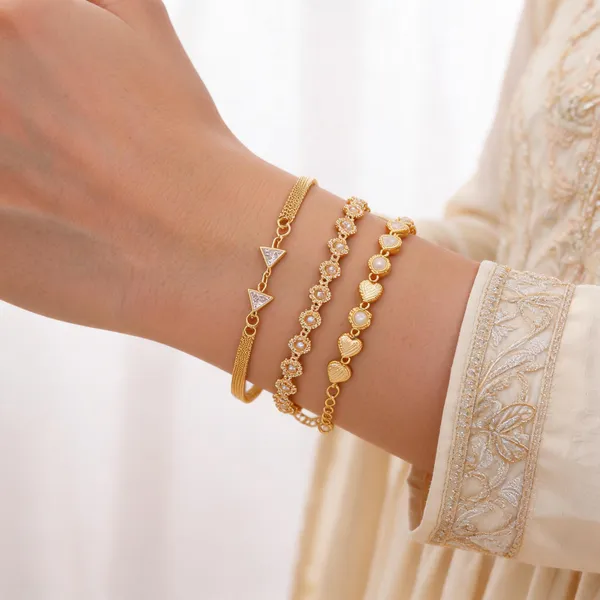 Gold_Brass_Mesh_Floral_Link_Chain_Bracelet_Set_For_Women