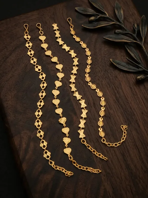 Gold_Brass_Alloy_Floral_Geometric_Charm_Anklet_Set_For_Women