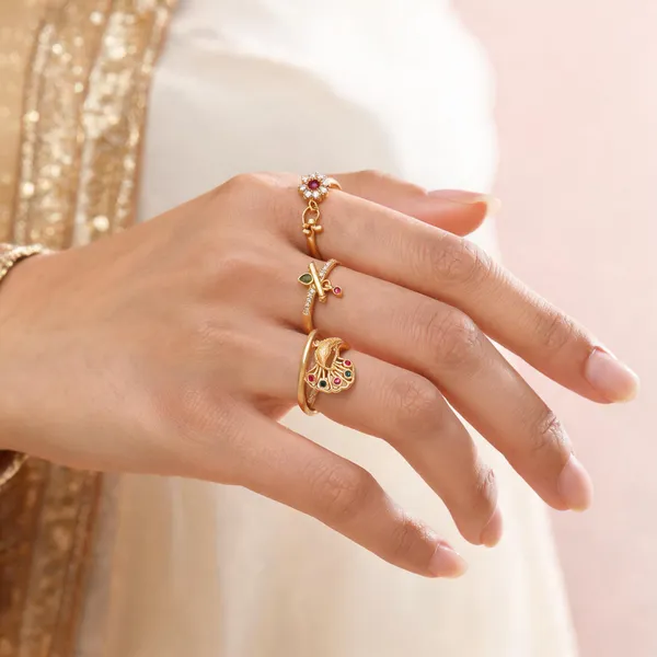 Gold_Brass_Alloy_Peacock_Design_Ring_Set_For_Women