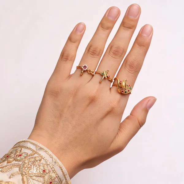 Gold_Brass_Alloy_Peacock_Design_Ring_Set_For_Women