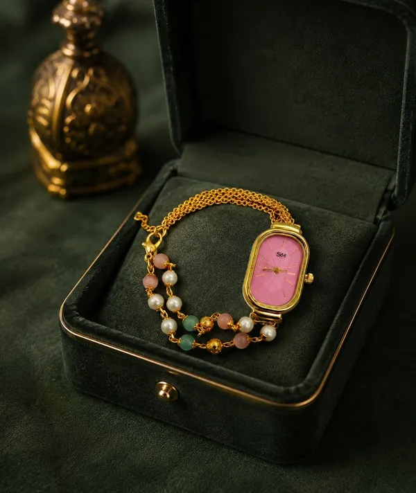 Designer_Charm_Bracelet_Watch_with_Pink_Dial_and_Pearl-Accented_Chain_for_Girls_and_Women