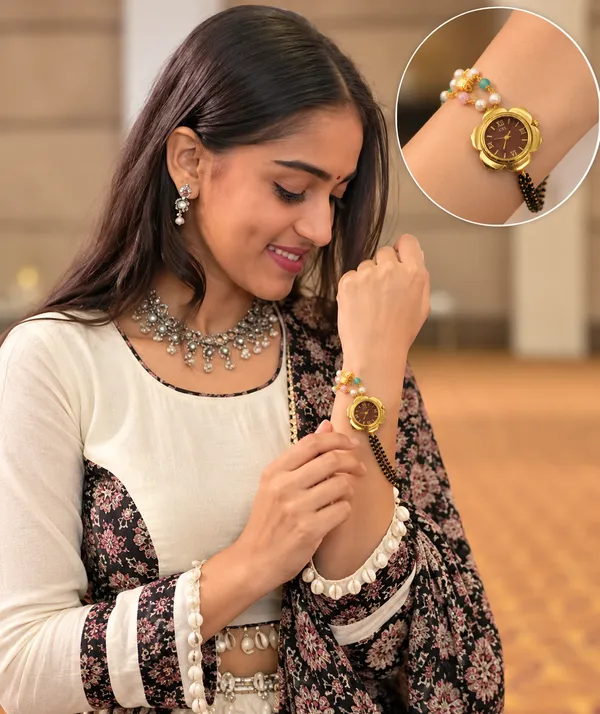 Designer_Floral_Analog_Wrist_Watch_with_Traditional_Black_Bead_&_Multi-Color_Stone_Chain_for_Girls_and_Women