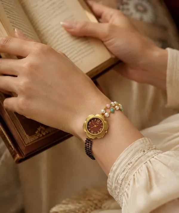 Designer_Floral_Analog_Wrist_Watch_with_Traditional_Black_Bead_&_Multi-Color_Stone_Chain_for_Girls_and_Women
