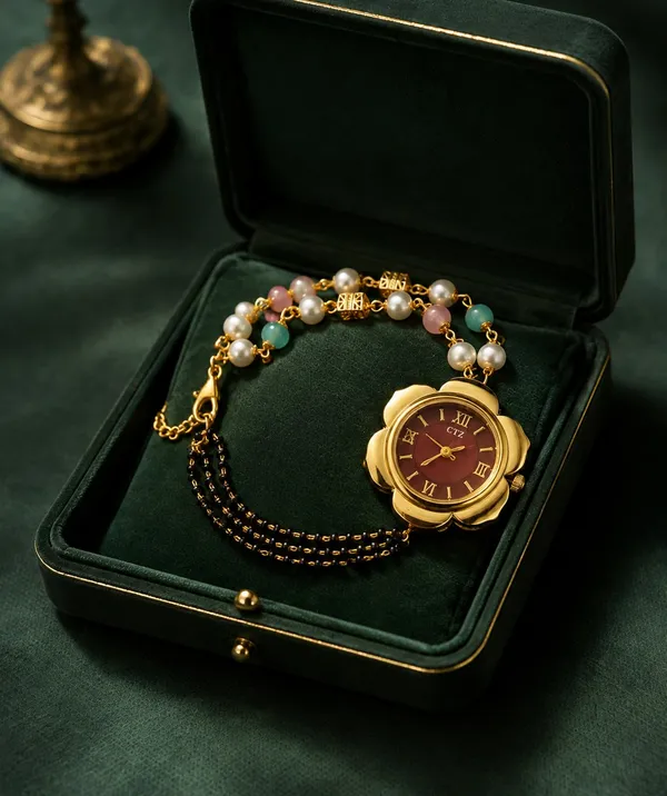 Designer_Floral_Analog_Wrist_Watch_with_Traditional_Black_Bead_&_Multi-Color_Stone_Chain_for_Girls_and_Women