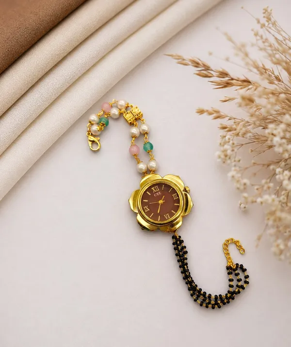 Designer_Floral_Analog_Wrist_Watch_with_Traditional_Black_Bead_&_Multi-Color_Stone_Chain_for_Girls_and_Women